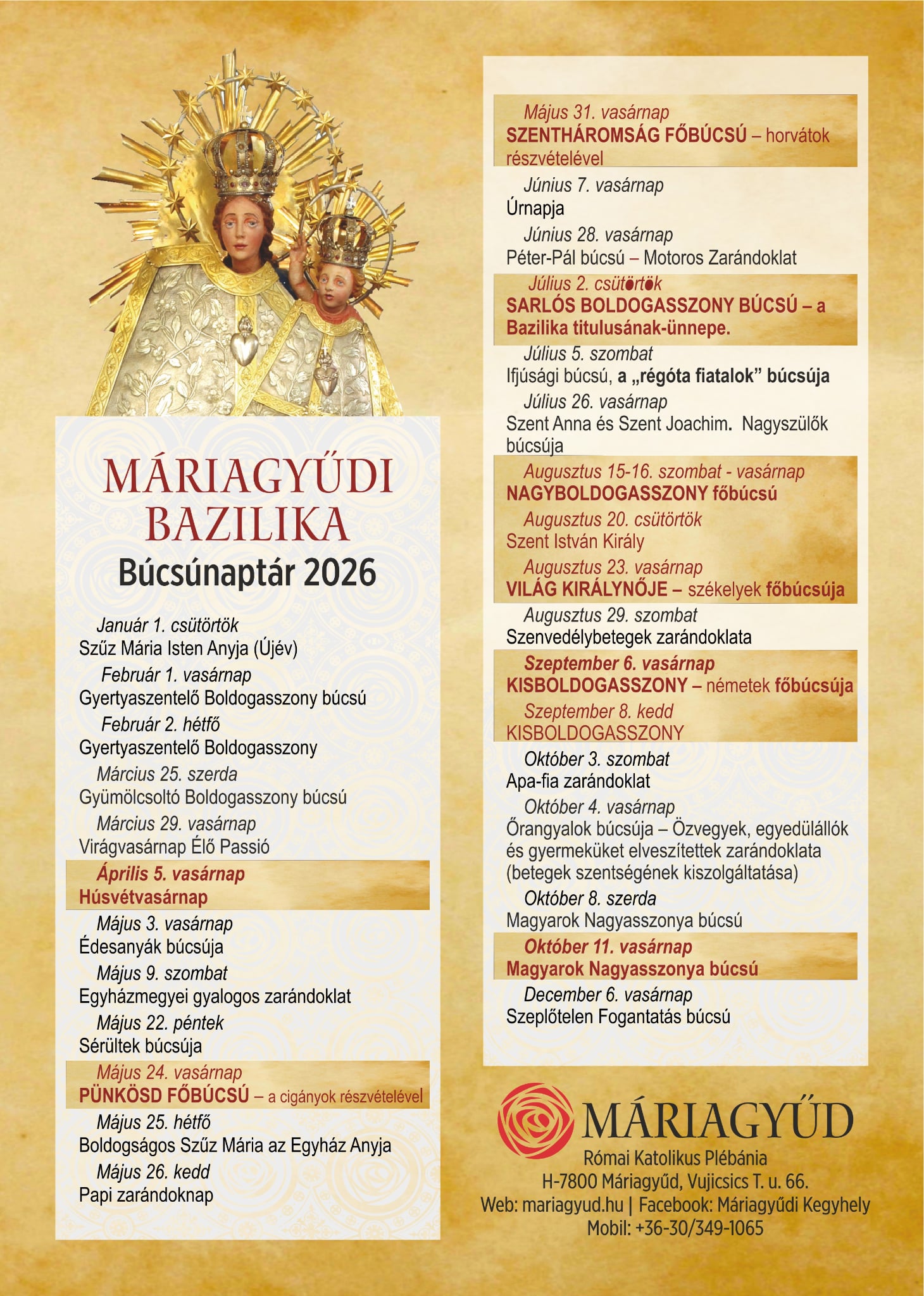 Máriagyűdi Bazilika programjai - Búcsúnaptár Máriagyűdi Bazilika programjai
