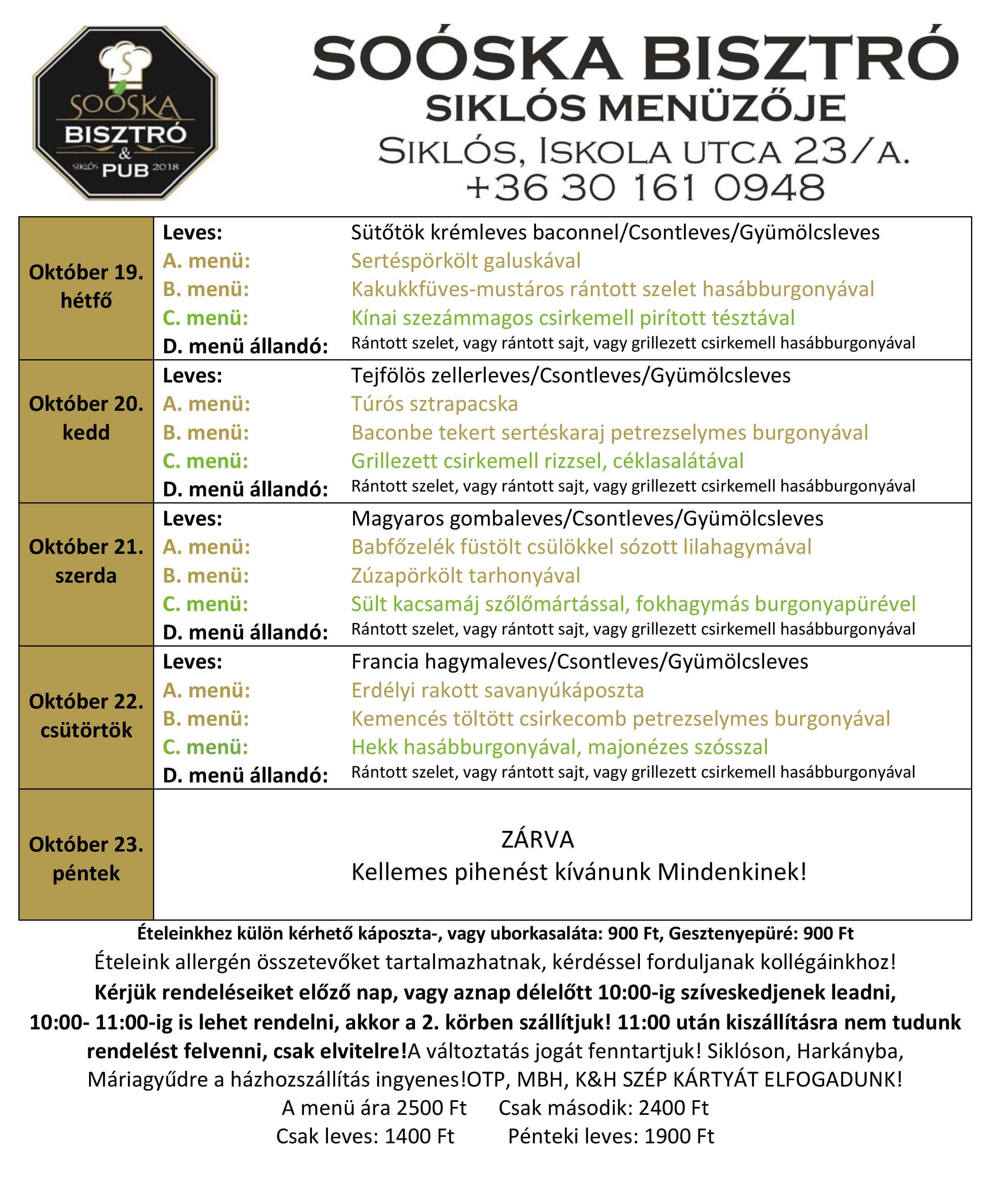 Soóska Bisztró Siklós heti menüje sooska menu